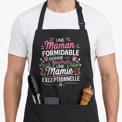 Tablier de cuisine noir avec une maman formidable donne toujours une mamie exceptionnelle en rose et blanc entouré de tulipes.