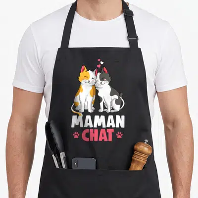 Tablier de cuisine noir avec deux chats colorés serrés et linscription Maman Chat en blanc et rose.