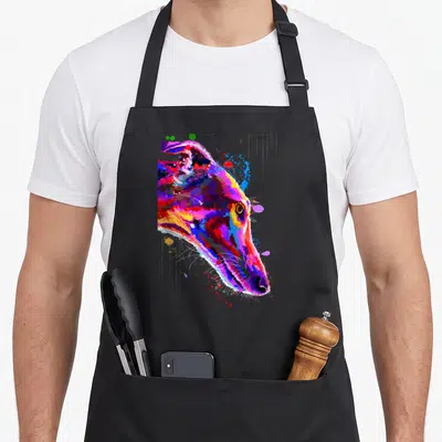 Tablier de cuisine noir avec portrait coloré d'un lévrier en style peinture abstraite et éclaboussures artistiques.