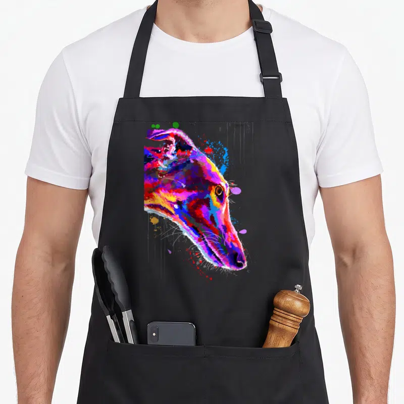 Tablier de cuisine noir avec portrait coloré d'un lévrier en style peinture abstraite et éclaboussures artistiques.