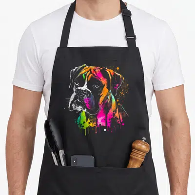 Tablier de cuisine noir avec portrait artistique d'un chien Boxer aux couleurs vives et éclaboussures d'aquarelle.