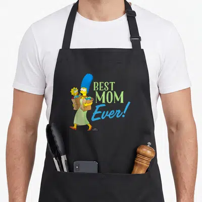 Tablier de cuisine noir avec Marge Simpson portant Maggie et des sacs en papier kraft.