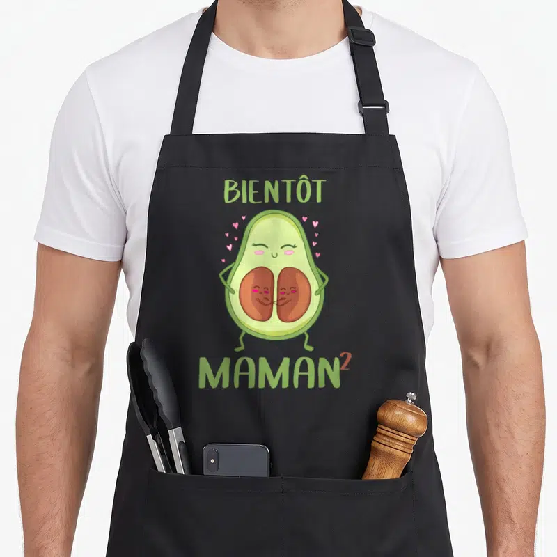 Tablier de cuisine noir avec illustration d'avocat mignon et texte Bientôt Maman 2 Jumeaux