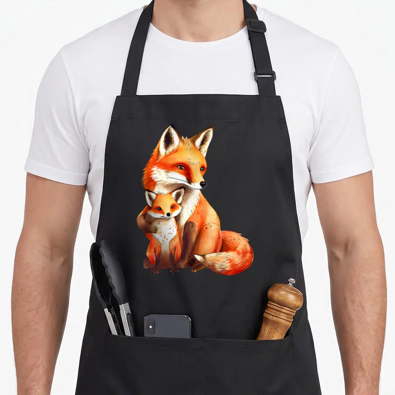 Tablier de cuisine noir avec illustration colorée d'un renard orange protégeant un renereau blanc et roux.