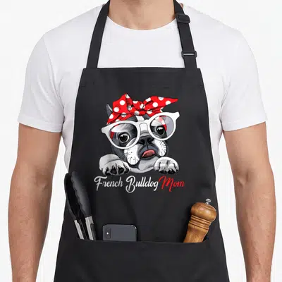 Tablier de cuisine noir avec illustration d'un bouledogue français en lunettes et foulard à pois rouges.