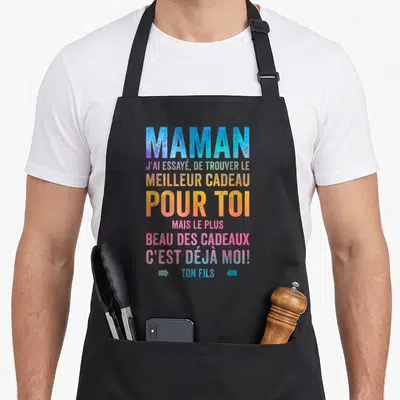 Tablier de cuisine noir avec inscription humoristique couleur arc-en-ciel dédiée à une maman par son fils