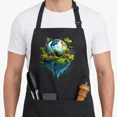 Tablier de cuisine noir avec une illustration colorée d'une planète flottante entourée de forêts et de gouttes d'eau.