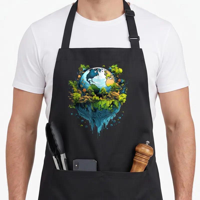 Tablier de cuisine noir avec une illustration colorée d'une planète flottante entourée de forêts et de gouttes d'eau.