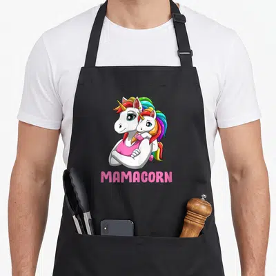 Tablier de cuisine noir avec illustration de deux licornes blanches s'enlaçant et du texte MAMACORN en rose.