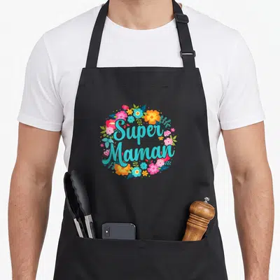 Tablier de cuisine noir avec l'inscription Super Maman entourée de fleurs roses, oranges et bleues dans un style illustration vectorielle.