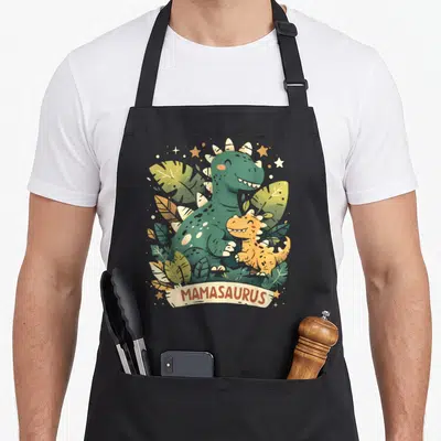 Tablier de cuisine noir avec illustration colorée de deux dinosaures et le mot Mamasaurus sur une bannière beige.