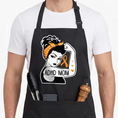 Tablier de cuisine noir avec illustration Rosie la Riveter et texte ADHD Mom