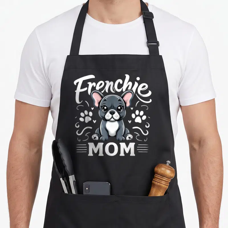 Tablier de cuisine noir avec illustration d'un puppy bouledogue français, traces de pattes et texte Frenchie Mom en blanc.