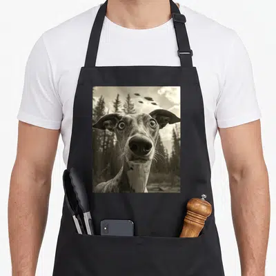 Tablier de cuisine noir avec un whippet regardant vers le haut devant des arbres et des soucoupes volante dans le ciel.