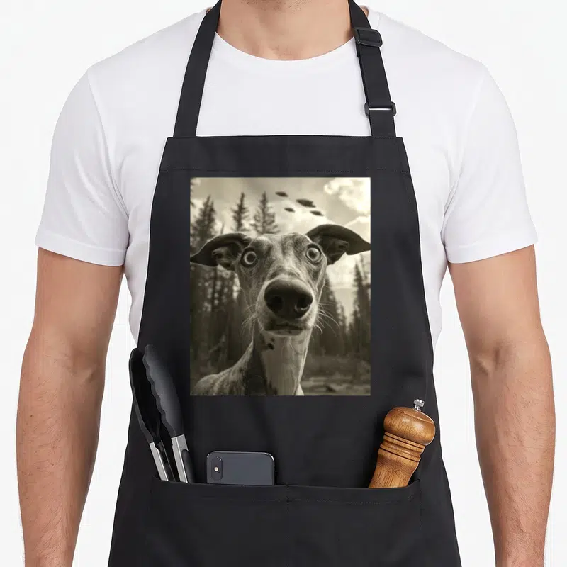 Tablier de cuisine noir avec un whippet regardant vers le haut devant des arbres et des soucoupes volante dans le ciel.