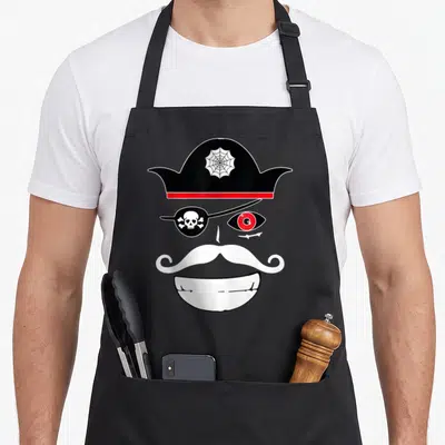 Tablier de cuisine noir avec illustration pirate Halloween chapeau crâne moustache blanche et œillette rouge