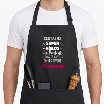 Tablier de cuisine noir avec inscription blanche et rose