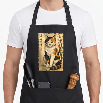 Tablier de cuisine noir avec illustration d'un chat tricolore assis près de branches florales et de caractères kanji verticaux.