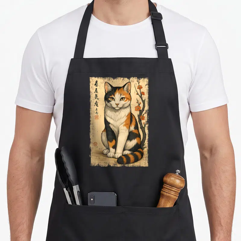 Tablier de cuisine noir avec illustration d'un chat tricolore assis près de branches florales et de caractères kanji verticaux.