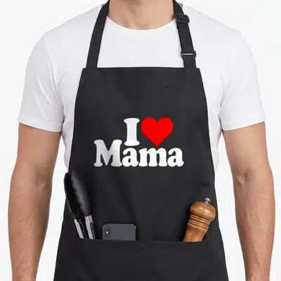 Tablier de cuisine noir avec l'inscription blanche I Love Mama et un cœur rouge au centre.