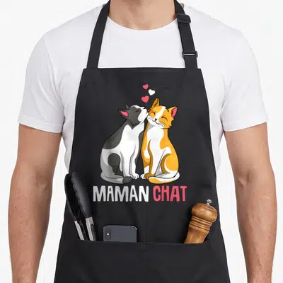 Tablier de cuisine noir avec deux chats s'embrassant et le texte Maman Chat en bas.