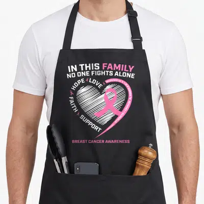 Tablier de cuisine noir avec un grand cœur rose et le texte In this family no one fights alone imprimé en blanc et rose.