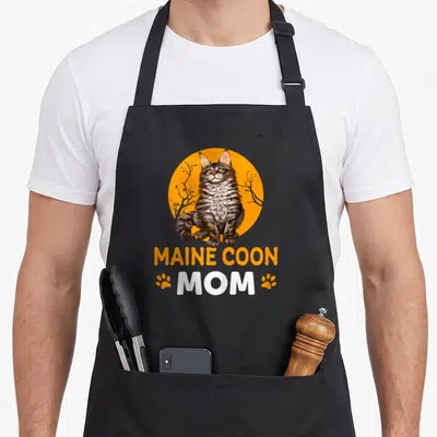 Tablier de cuisine noir avec illustration Maine Coon Mom et empreintes de pattes oranges sur fond circulaire.