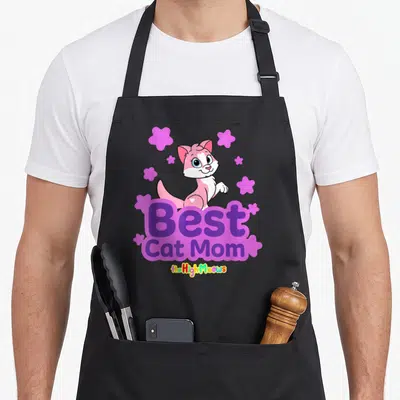 Tablier de cuisine noir avec illustration d'une minette rose et du texte Best Cat Mom entouré de fleurs violettes.
