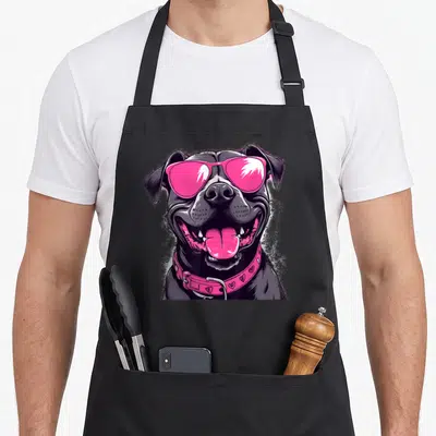 Tablier de cuisine noir avec illustration d'un chien Staffie portant des lunettes de soleil roses vives et un collier orné de cœurs.