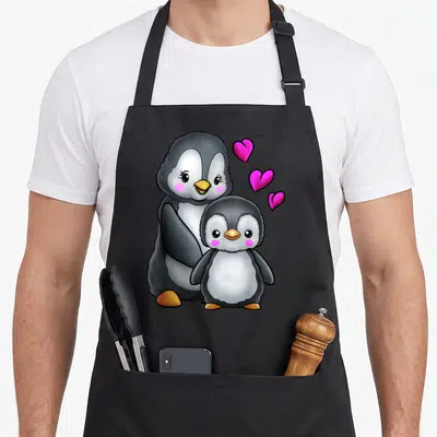 Tablier de cuisine noir avec illustration de deux pingouins et trois cœurs roses flottants au-dessus.