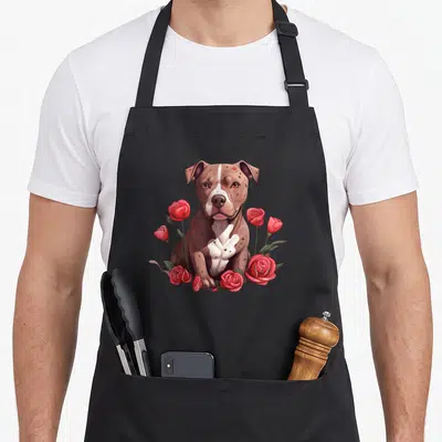 Tablier de cuisine noir avec illustration d'un chien Pitbull et de roses rouges.