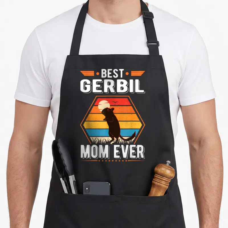Tablier de cuisine noir avec illustration vintage d'une gerbille et texte Best Gerbil Mom Ever dans un hexagone coloré.