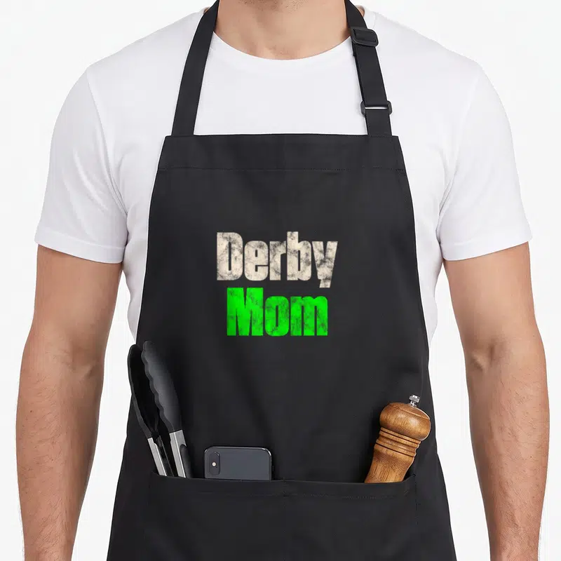 Tablier de cuisine noir avec inscription Derby Mom en lettres blanches et vertes à l'aspect vieilli.