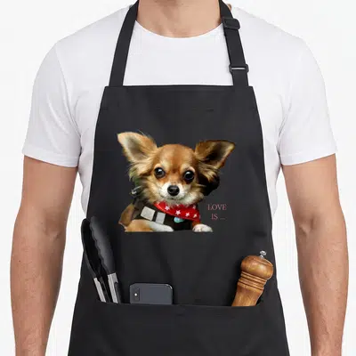 Tablier de cuisine noir avec un chihuahua portant une écharpe rouge à étoiles blanches.