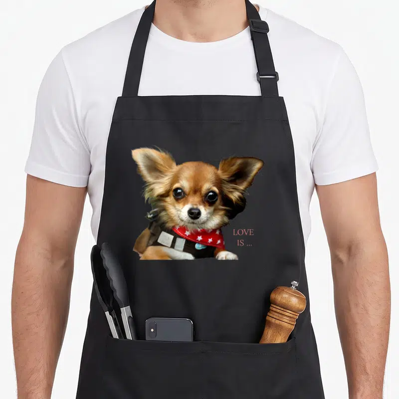 Tablier de cuisine noir avec un chihuahua portant une écharpe rouge à étoiles blanches.