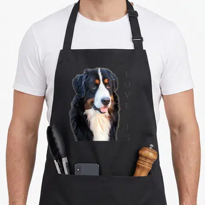 Tablier de cuisine noir avec portrait de chien Bernese Mountain Dog et texte Love Is vertical à droite.