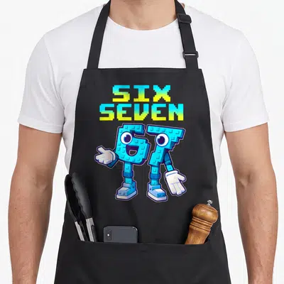 Tablier de cuisine noir avec deux chiffres bleus pixelisés 6 et 7 aux yeux ronds et gants blancs sous le texte Six Seven.
