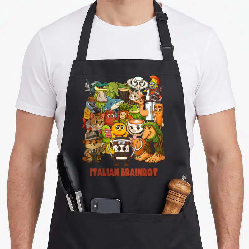 Tablier de cuisine noir avec une illustration colorée de personnages anime et d'animaux stylisés sous le texte Italian Brainrot.