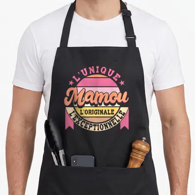 Tablier de cuisine noir avec logo rétro L'unique Mamou l'originale l'exceptionnelle couleurs pastel