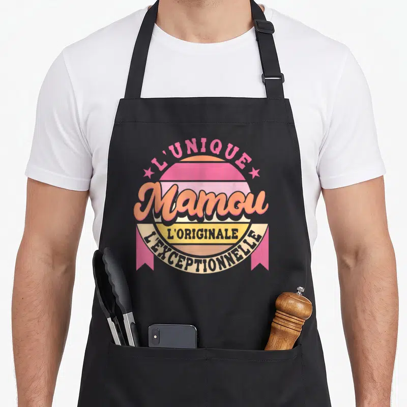 Tablier de cuisine noir avec logo rétro L'unique Mamou l'originale l'exceptionnelle couleurs pastel