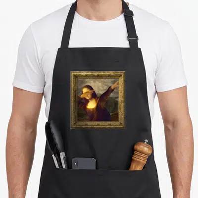 Tablier de cuisine noir avec une Mona Lisa effectuant un dab dans un cadre doré détaillé.