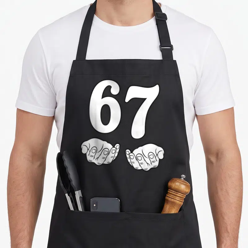 Tablier de cuisine noir avec les chiffres 67 blancs et deux mains illustrées effectuant un geste de pincement.