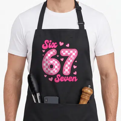 Tablier de cuisine noir avec le nombre 67 rose à carreaux et les mots Six Seven entourés de cœurs roses.