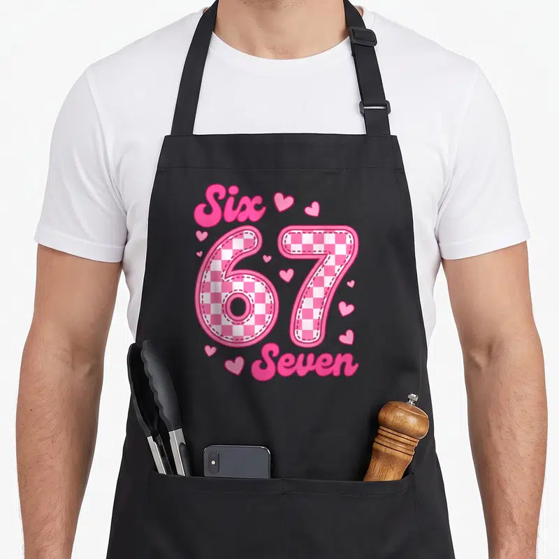 Tablier de cuisine noir avec le nombre 67 rose à carreaux et les mots Six Seven entourés de cœurs roses.