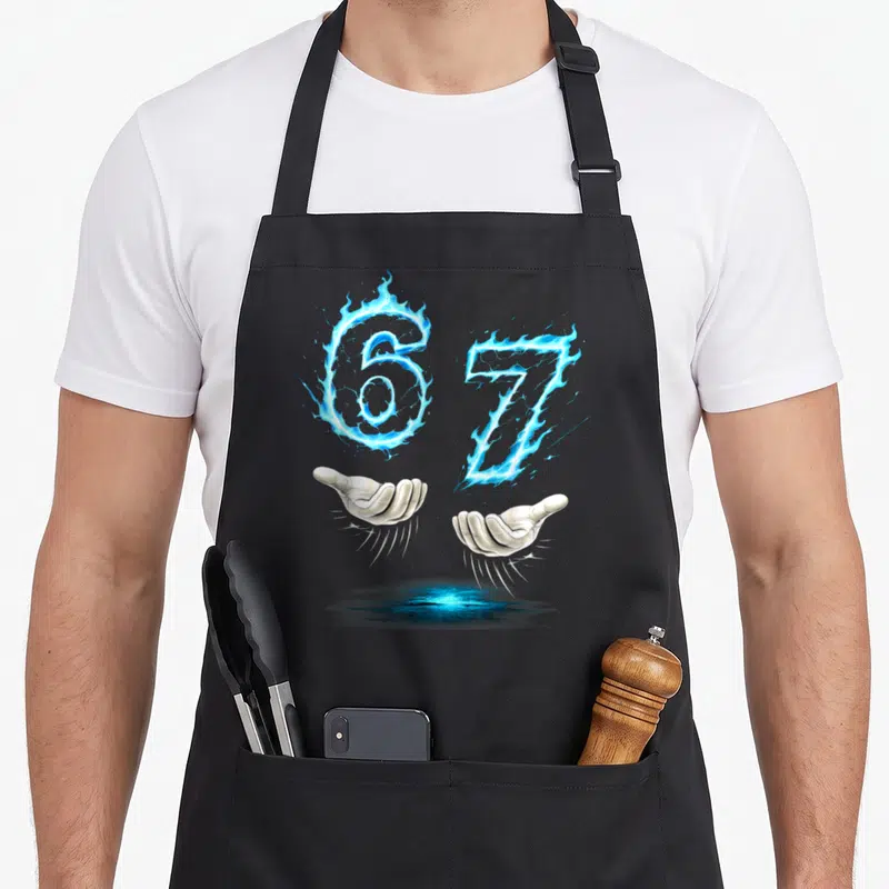 Tablier de cuisine noir avec deux mains blanches tenant des chiffres 67 en énergie électrique bleue.