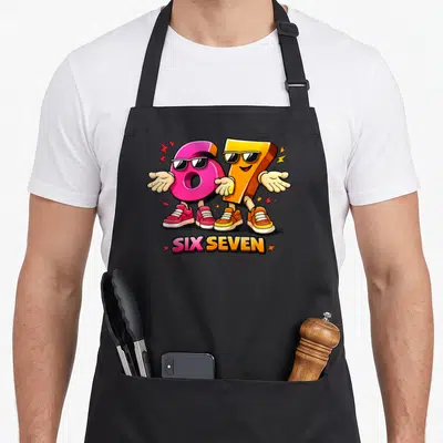Tablier de cuisine noir avec les chiffres 6 et 7 aux lunettes de soleil et sneakers colorées.