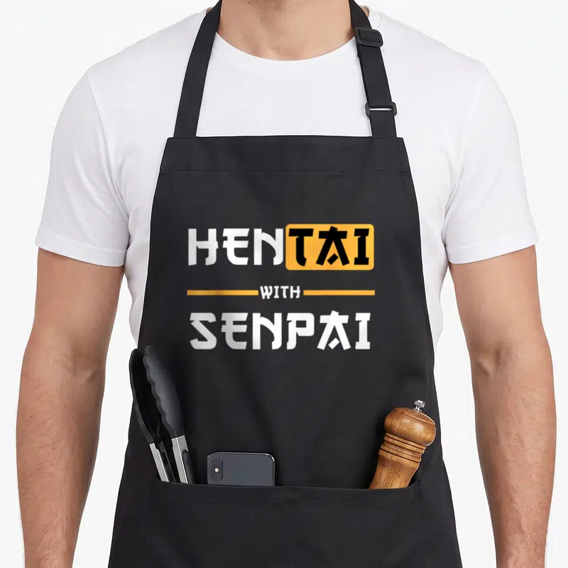 Tablier de cuisine noir avec inscription Hentai with Senpai en blanc et orange sur fond uni.