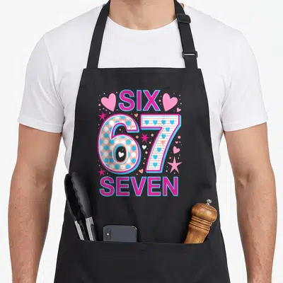 Tablier de cuisine noir avec l'inscription Six 67 Seven en rose et bleu entouré de cœurs et d'étoiles.