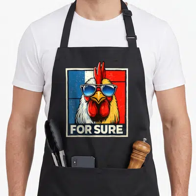 Tablier de cuisine noir avec un coq aux lunettes bleues et l'inscription for sure en bas.