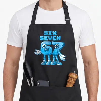 Tablier de cuisine noir avec deux chiffres bleus stylisés 6 et 7 portant des gants blancs et des chaussures de sport.
